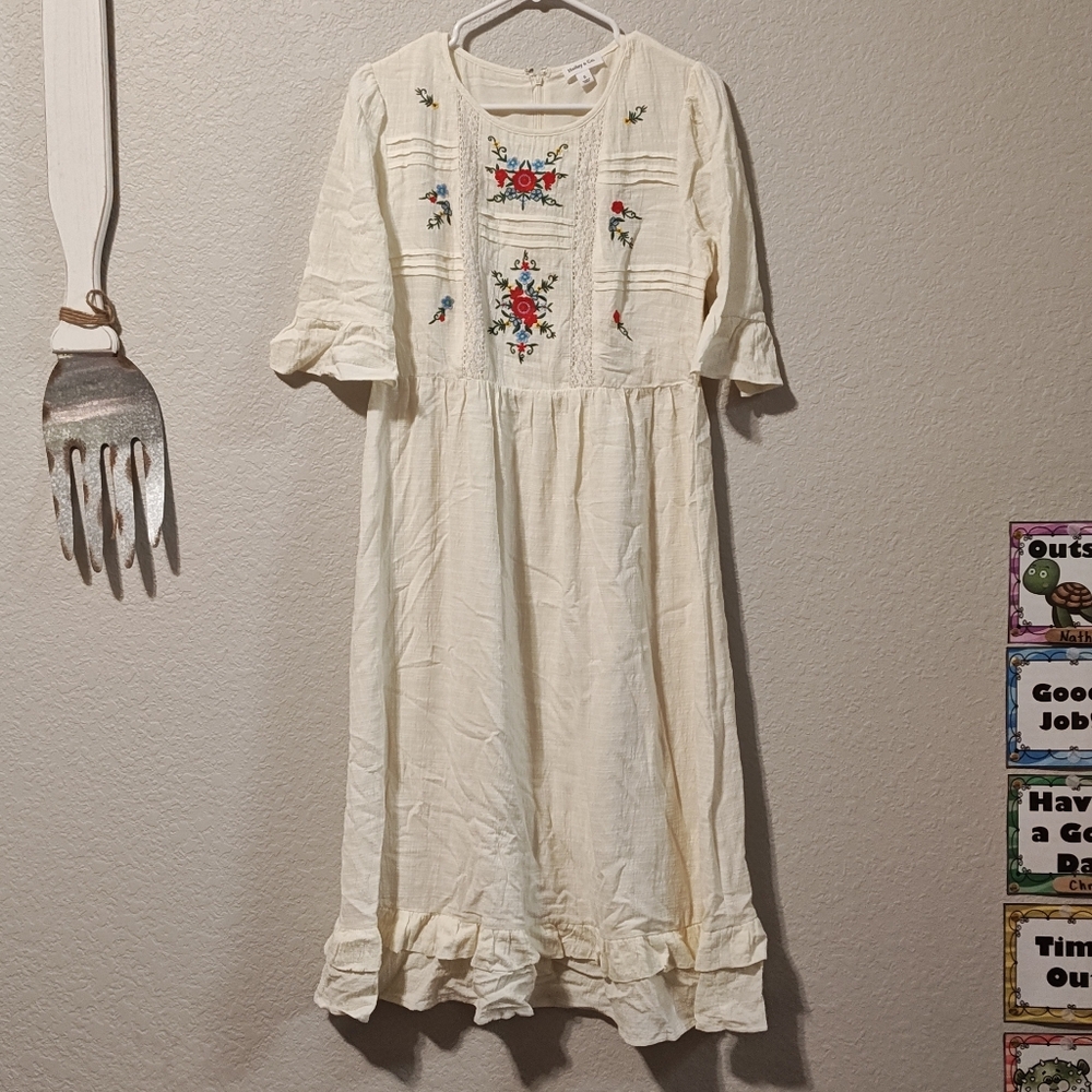 Charming Cream Dress with Floral Embroidery